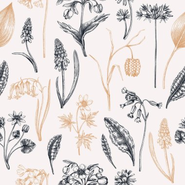 Hand-drawn wildflowers background in color. Vintage woodland plant sketches. Seamless spring floral pattern. Wild flowers illustration cowslip, bluebell, grape hyacinth, hellebore, fritillary backdrop