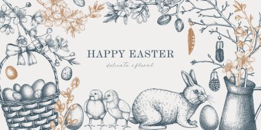 Easter frame design with cute characters and spring decor elements. Hand drawn bunnies, eggs, chickens, flowers and flowering trees background. Vector template with vintage Holiday sketches