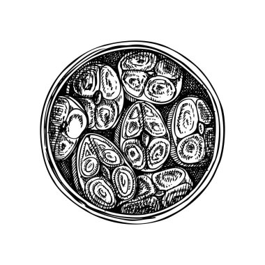 Hand drawn canned fish illustration. Mackerel in olive oil vector drawing isolated on white background. Tinned fish food sketch. Tin can with seafood for restaurant menu or product design