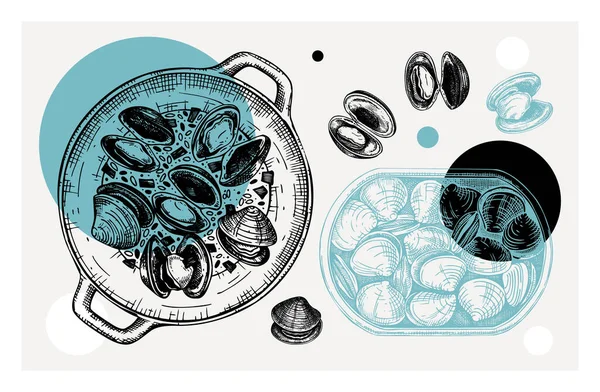 Vongole Cotte Con Erbe Tavola Illustrazione Stile Collage Crostacei Frutti — Vettoriale Stock
