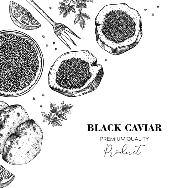 Canapé Caviar Preto Com Design Banner Limões Especiarias Esboços Frutos — Vetor de Stock