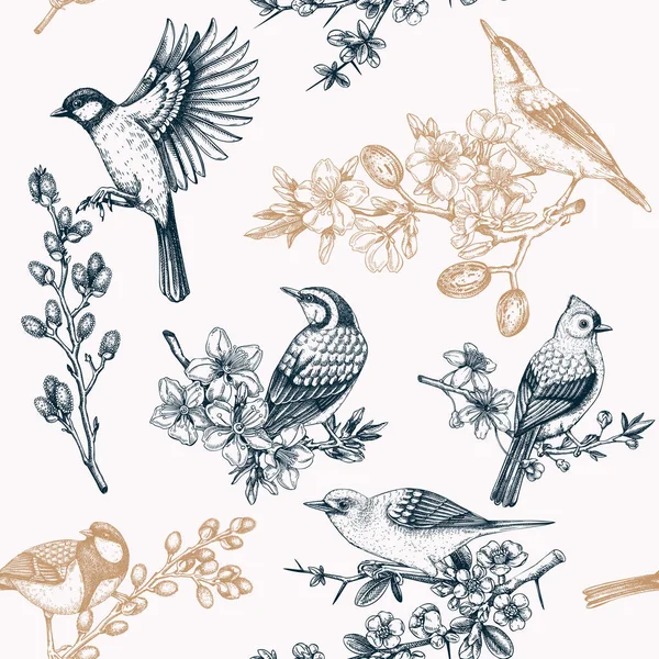 Frühling Garten Hintergrund Vintage Nahtlose Pattern Mit Vögeln Blumen Blättern — Stockvektor