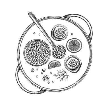 Konserve havyarlı el yapımı tepsi, kırmızı havyar kanepesi, limon ve dereotlu çizimler. Parmak yiyeceği çizimleri ayarlandı. Beyaz arkaplanda izole edilmiş deniz ürünleri lezzeti çizimleri