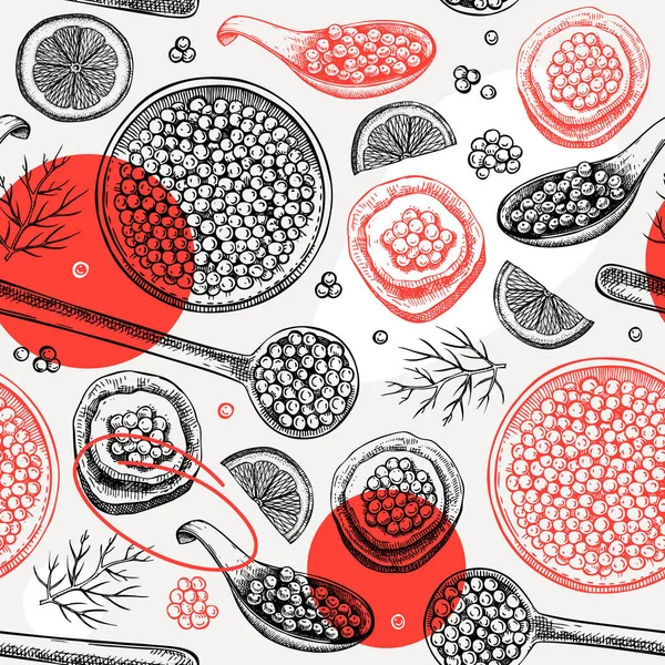 海鲜背景的餐厅或手指菜菜单设计 手工绘制的鱼子酱罐头 红鱼子酱 柠檬草图 拼贴风格的海味无缝图案 — 图库矢量图片