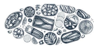 El çizimi konserve balık illüstrasyon koleksiyonu. Sardalya, ançüez, uskumru, ton balığı, teneke kutuda midye, balık kanapesi, zeytin, kraker ve limon kabartma şeklinde eskizler. Tablo görünümü tasarımı