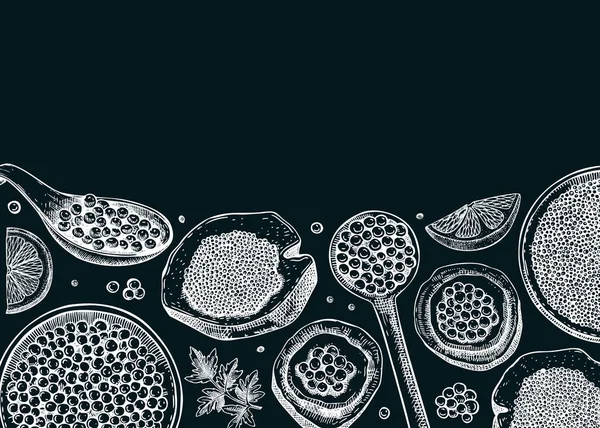 Meeresfrüchte Hintergrund Design Mit Rotem Kaviar Canape Schwarzen Kaviar Dosen — Stockvektor