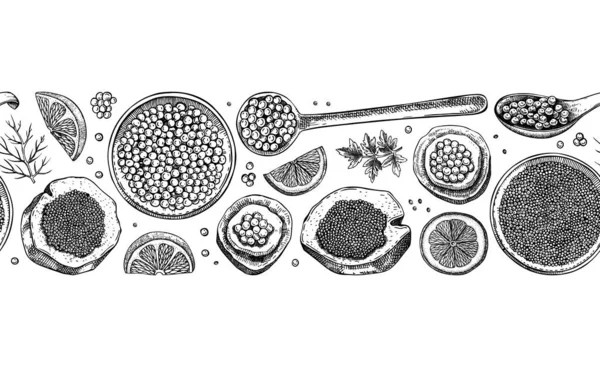 Meeresfrüchte Hintergrund Mit Rotem Kaviar Canape Schwarzen Kaviar Dosen Zitronen — Stockvektor