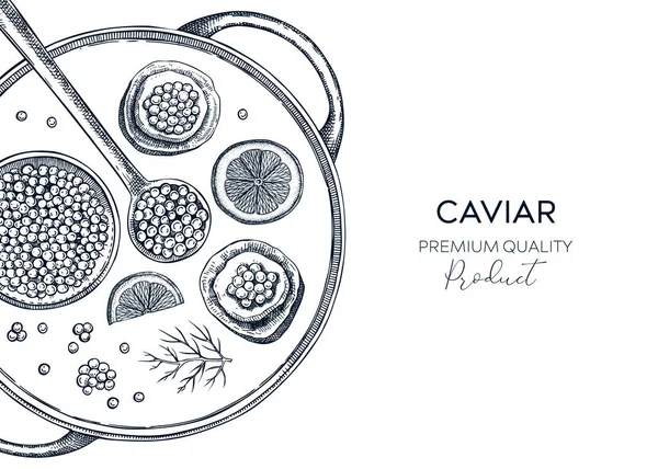 Bandeja Mariscos Dibujada Mano Estilo Grabado Caviar Enlatado Canapé Caviar — Archivo Imágenes Vectoriales