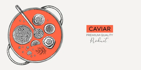 Bandeja Mariscos Dibujada Mano Estilo Collage Caviar Enlatado Canapé Caviar — Vector de stock