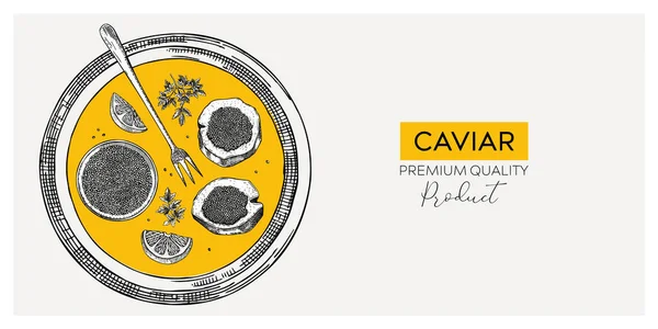 Fischteller Collage Stil Schwarz Kaviar Abstrakte Banner Design Für Restaurant — Stockvektor