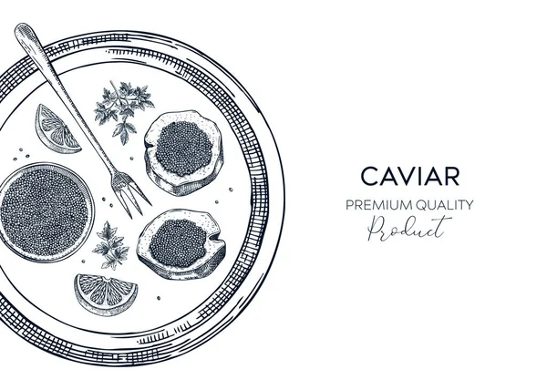 Fondo Caviar Negro Estilo Esbozado Bandeja Mariscos Para Menú Restaurante — Archivo Imágenes Vectoriales