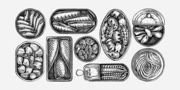 手描きの缶詰や貝のイラスト集 錫製の缶のスケッチには サルデーニャ カタクチイワシ マグロ ムール貝が刻印されています ヴィンテージスタイルの健康的なフードベクトル図面 — ストックベクタ