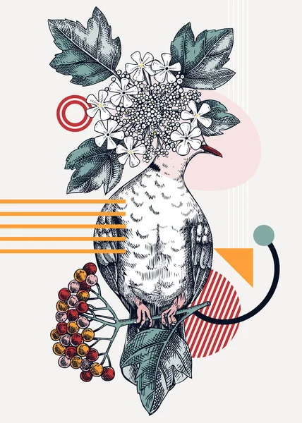コラージュ風の鳥のカード スケッチは流行のポスターを鳩 鳥のスケッチ 植物のイラスト 幾何学的な形状 自然プリント 壁アート パッケージの抽象的な要素を持つ創造的なデザイン — ストックベクタ