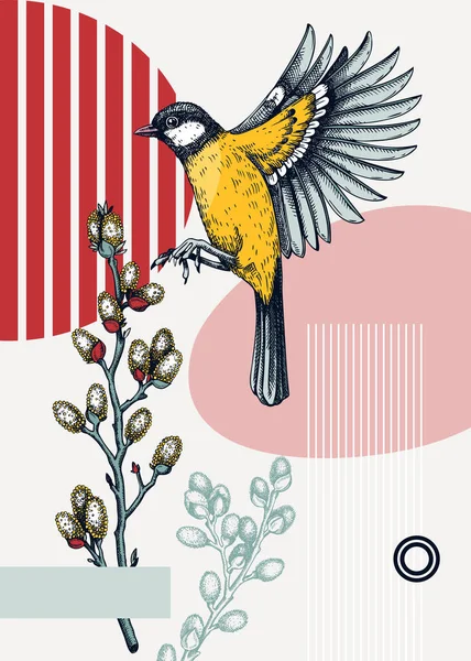 Collage Style Bird Card Sketched Great Tit Trendy Poster Creative — Image vectorielle