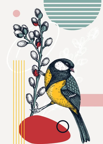 Collage Style Bird Card Sketched Great Tit Trendy Poster Creative — Wektor stockowy