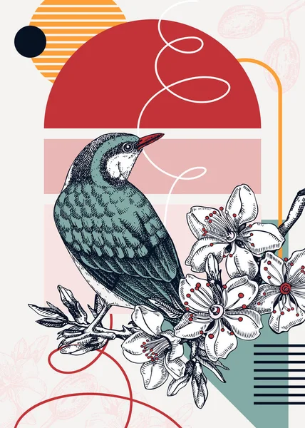 Cartões Colagem Estilo Pássaro Definido Pássaros Esboçados Coleção Cartazes Moda — Vetor de Stock