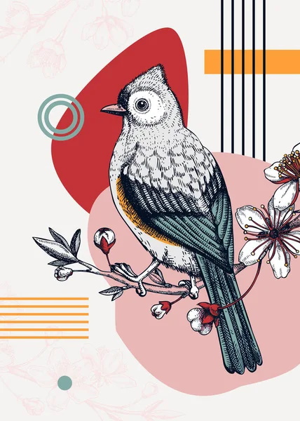 Vogelkarte Collage Stil Skizziert Getuftete Meisen Trendiges Poster Kreative Entwürfe — Stockvektor
