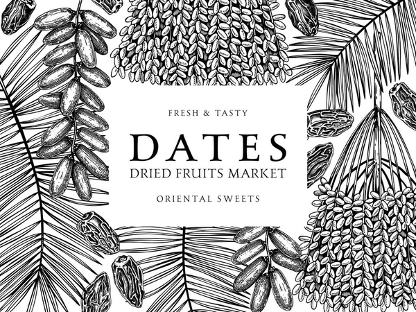 Skeched Frame Design Date Palm Leaves Dried Fruit Illustrations Graved — Wektor stockowy
