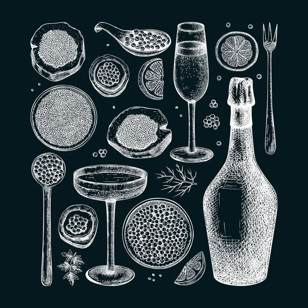 Collezione Illustrazioni Disegnate Mano Caviale Champagne Caramella Caviale Rosso Disegnata — Vettoriale Stock
