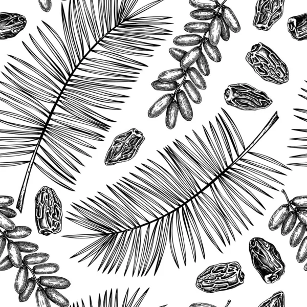 ベクトルはシームレスなパターンです ヤシの葉と刻まれたスタイルでドライフルーツイラスト 手はスケッチスタイルでビーガンフードの背景を描きました 干物のデザイン — ストックベクタ