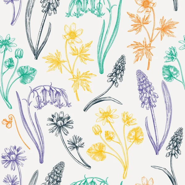Seamless Spring Flowers Pattern Hand Drawn Wildflowers Background Forest Plant — Stockvector