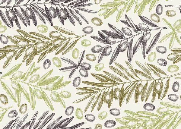 オリーブの枝のシームレスなパターン ヴィンテージスタイルで葉や果物のスケッチとベクトルの背景 植物油成分の食感 印刷やパッケージデザインのためのオリーブ植物イラスト — ストックベクタ