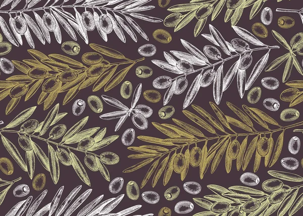 オリーブの枝のシームレスなパターン ヴィンテージスタイルで葉や果物のスケッチとベクトルの背景 植物油成分の食感 印刷やパッケージデザインのためのオリーブ植物イラスト — ストックベクタ
