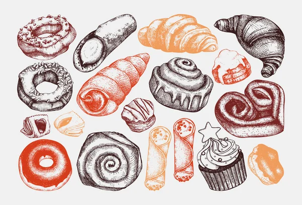 Векторна Колекція Ілюстрацій Пекарні Приготування Їжі Кольорі Ручні Солодкі Продукти — стоковий вектор