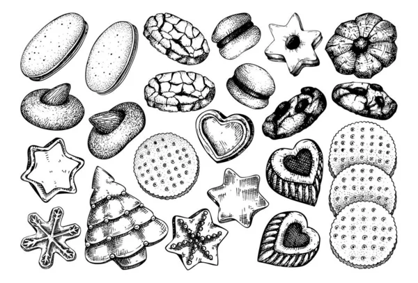 Vector Collection Popular Cookies Hand Drawn Sketch Style Cookies Almond — Stock Vector