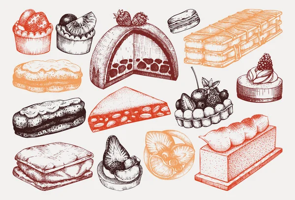 手绘甜点图片集 分层蛋糕 香草片 芝士蛋糕 糖霜色素描 糖果店或面包店的古董画 — 图库矢量图片