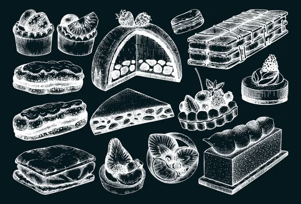 Handgezeichnete Desserts Illustrationen Set Schichtkuchen Kekse Eclairs Vanillescheiben Törtchen Käsekuchen — Stockvektor