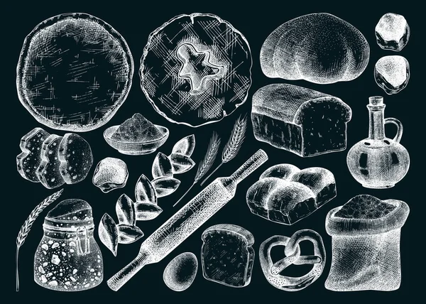 病媒收集烹调配料 为面包店 烘焙品商店 在黑板上隔离的配方手绘图解 黑板上的古董画 — 图库矢量图片