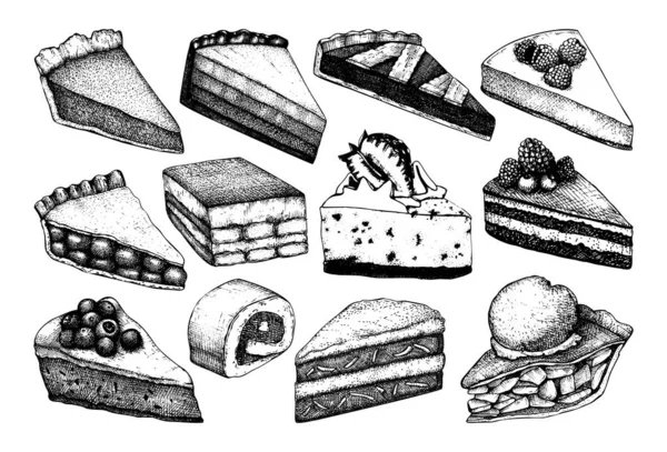 Dijital Vektör Detaylı Çizgisi Dilimlenmiş Pasta Çizimi Retro Illüstrasyon Koleksiyonu — Stok Vektör