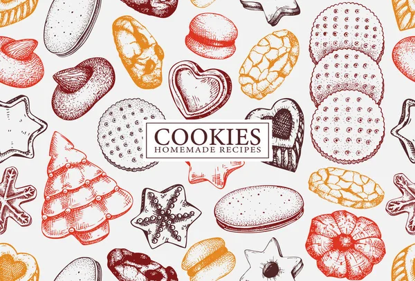 色のベーカリーショップの背景 人気のクッキーシームレスパターン イタリアのペストリースケッチ アーモンドとクッキー チョコレート ジャム クラッカー ロゴのための手描きイラスト バナーデザイン — ストックベクタ