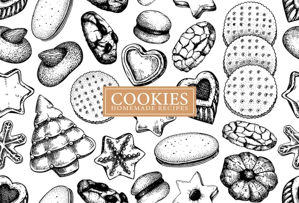Panadería Tienda Diseño Fondo Cookies Vectores Patrón Sin Costura Bocetos — Vector de stock