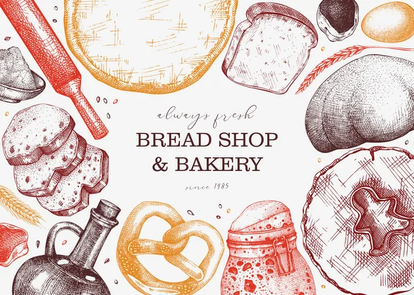 Vintage Bakery Shop Background Vector Frame Baking Ingredients Pastries Bread — Stock Vector