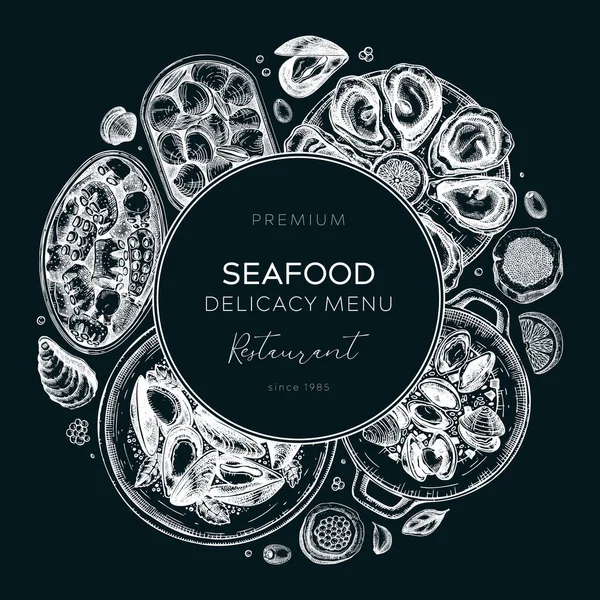 海鲜餐厅横幅设计 手绘罐装鱼和熟贝类插图 鱼子酱 素描风格 棋盘上的矢量花环模板 — 图库矢量图片