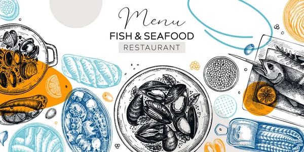Colagem Estilo Fundo Frutos Mar Mexilhões Desenhados Mão Ostras Caviar — Vetor de Stock