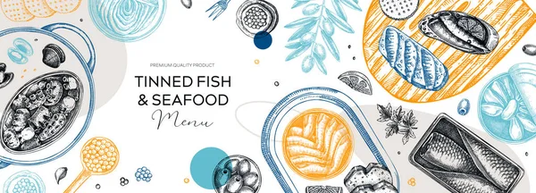 Desain Artistik Papan Ikan Kaleng Tangan Ditarik Latar Belakang Makanan - Stok Vektor