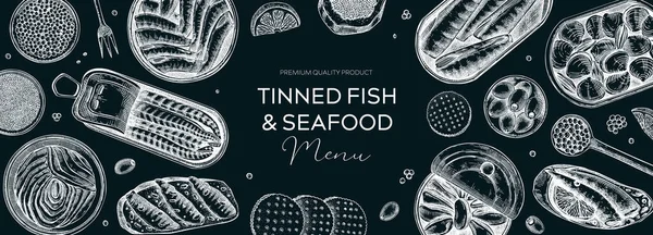 日焼けした魚のテーブルデザイン 手描きのシーフードレストランのデザインスケッチスタイルで 黒板に缶詰の魚や貝 ヴィンテージのイワシ キャビア マグロ ムール貝のベクトルフードイラスト — ストックベクタ
