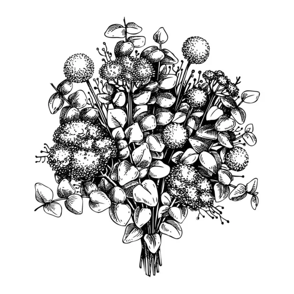 Ramo Flores Dibujado Mano Estilo Boceto Composición Floral Vectorial Para — Vector de stock