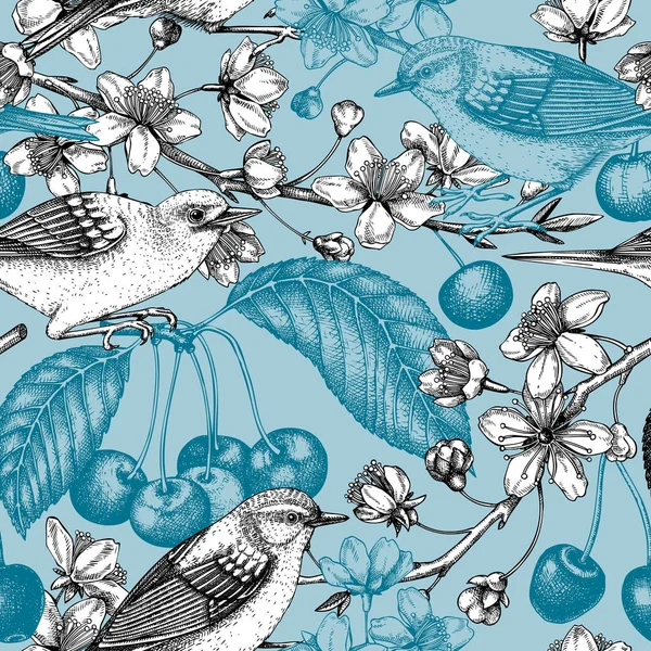 Cherry Blossom Branch Seamless Pattern Vintage Spring Background Birds Vector — Stock Vector
