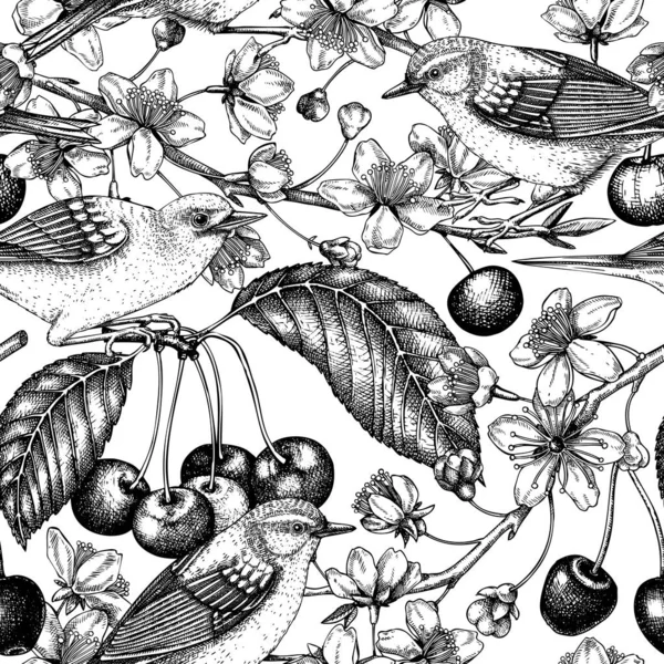 Cherry Blossom Branch Seamless Pattern Vintage Spring Background Birds Vector — Stock Vector