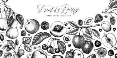 Böğürtlen ve meyve ağacı arka planı. El yapımı kiraz, erik, elma, şeftali, kayısı, incir, çilek. Klasik tarzda sağlıklı yiyecek afişi şablonu.