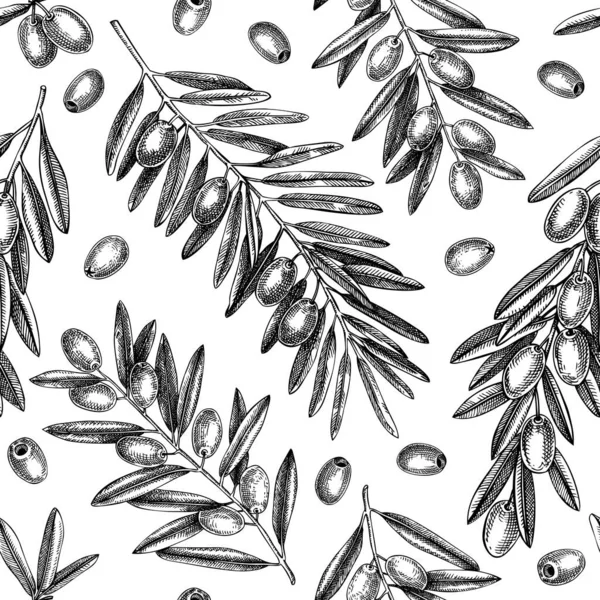 Оливковая Ветвь Бесшовная Модель Векторный Фон Листьями Ягодами Фруктовыми Набросками — стоковый вектор