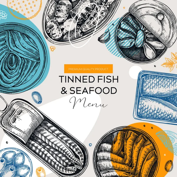 Collage Design Für Fischkonserven Handgezeichnete Speisekarte Mit Meeresfrüchten Restaurant Fischkonserven — Stockvektor