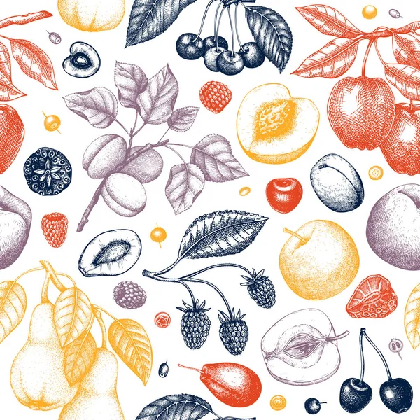 浆果和果树的色泽背景 手绘樱桃 覆盆子 草莓的素描风格 旧式健康食品无缝图案 — 图库矢量图片