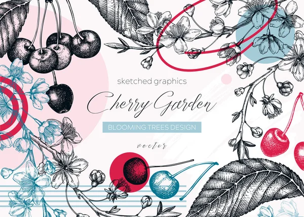 Kolaj Tarzı Bahar Arkaplanı Kiraz Çiçeği Ağacı Çizimleri Elle Çizilmiş — Stok Vektör