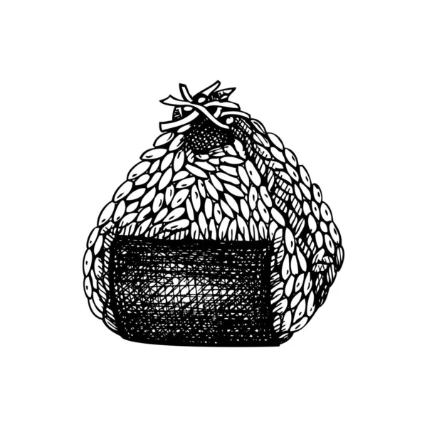 手绘Onigiri草图 日本米球绘画的雕刻风格 在白色背景下孤立的日本食品图解 饭团用干诺里包裹着 食用海藻配方 — 图库矢量图片