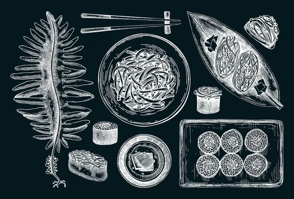 手工绘制的觉醒草图集 吃海草画在黑板上 海蔬菜病媒图解 日本菜式 健康食品配料的雕刻风格 — 图库矢量图片